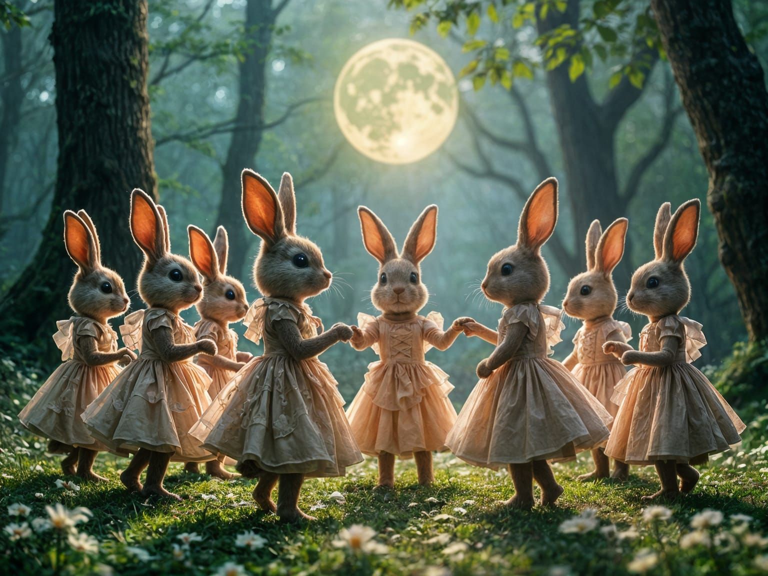 Moonlit Forest Glade Dance with Humanoid Bunnies