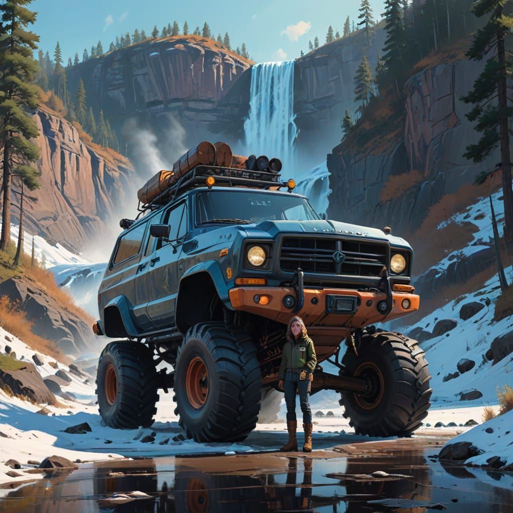 An adventure woman happily stands in front of her off-road truck in waterfall landscape.