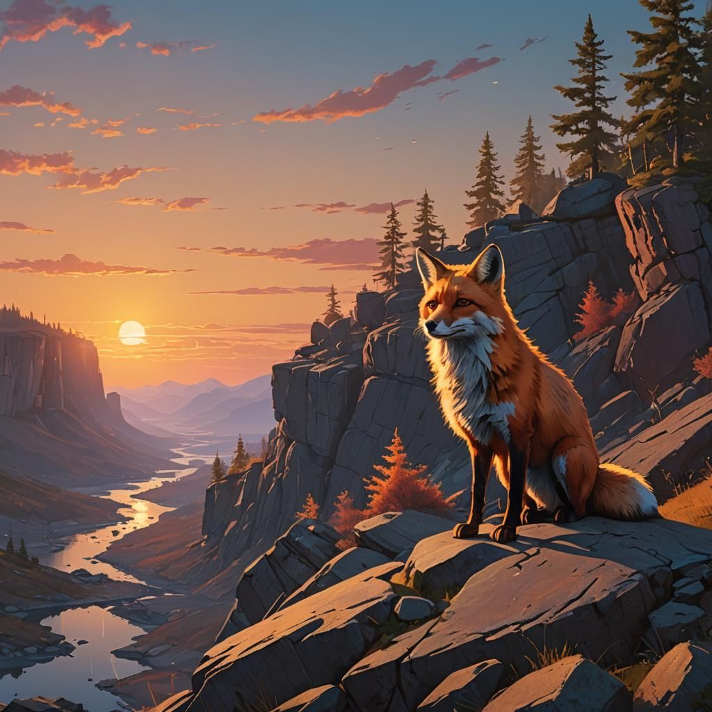 Fox Gazing at Sunset: Fantasy Matte Painting