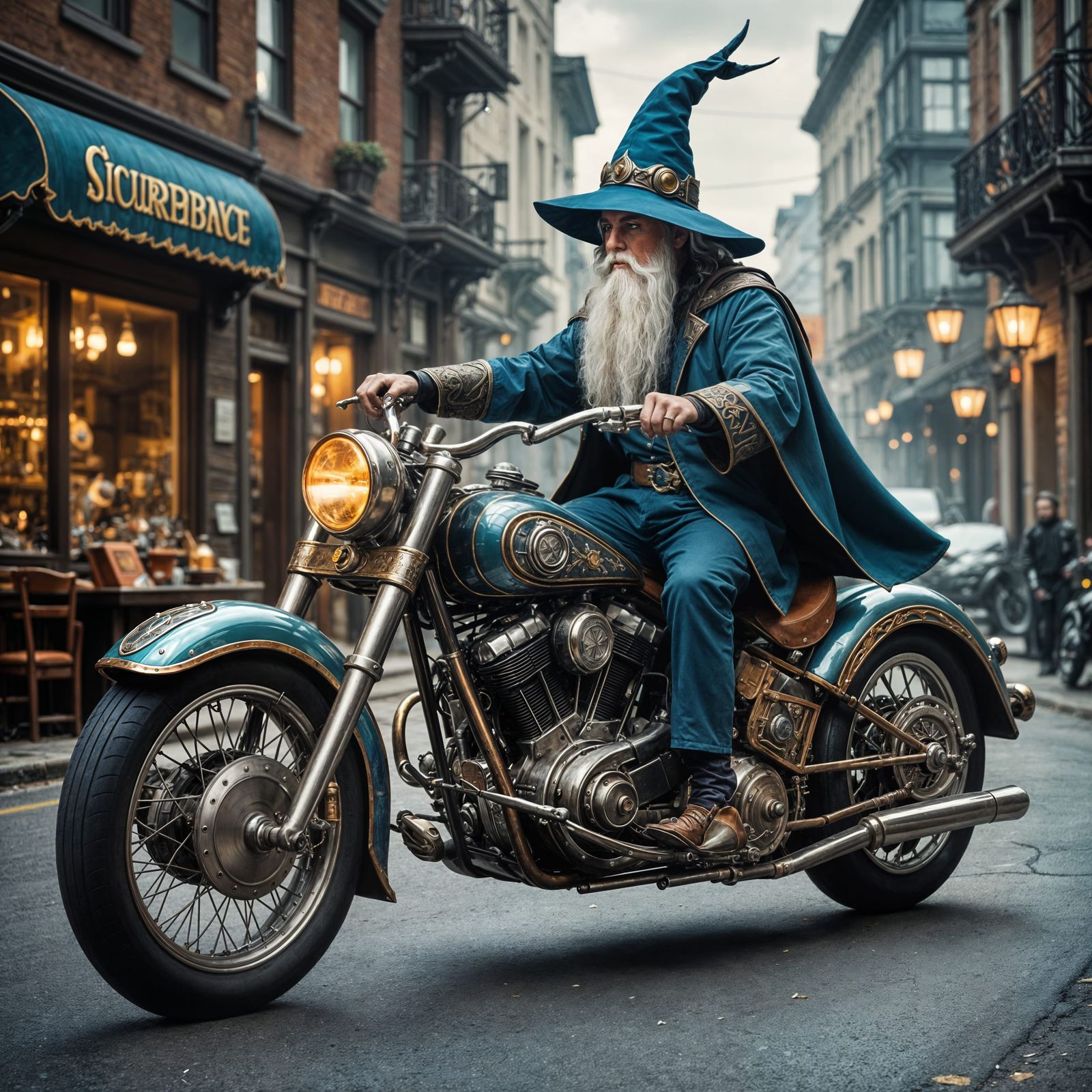 Wizard Rides a Futuristic Antique Motorcycle