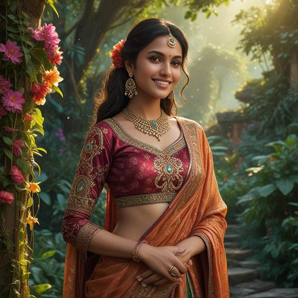 Enchanting Indian Beauty in Lush Fantasy Environment