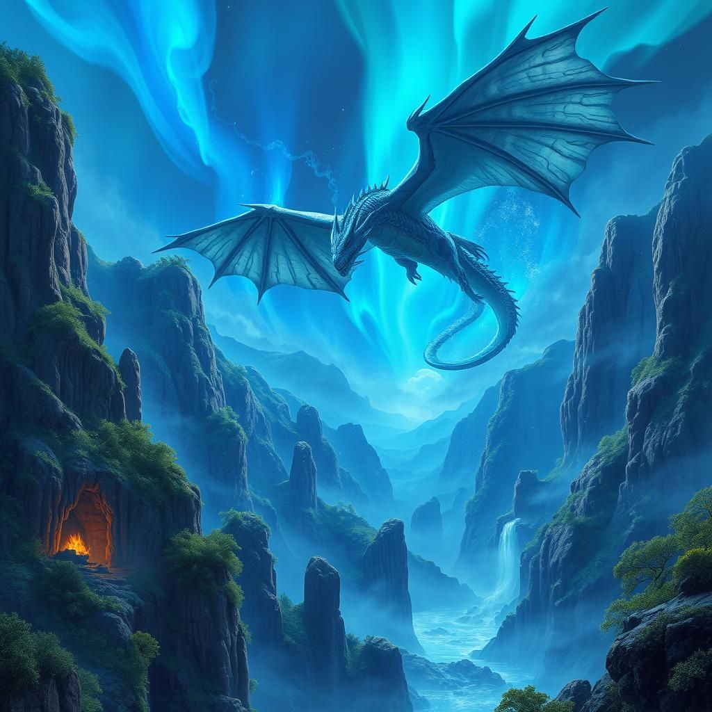 Dragon Soaring Over Blue Mystical Landscape