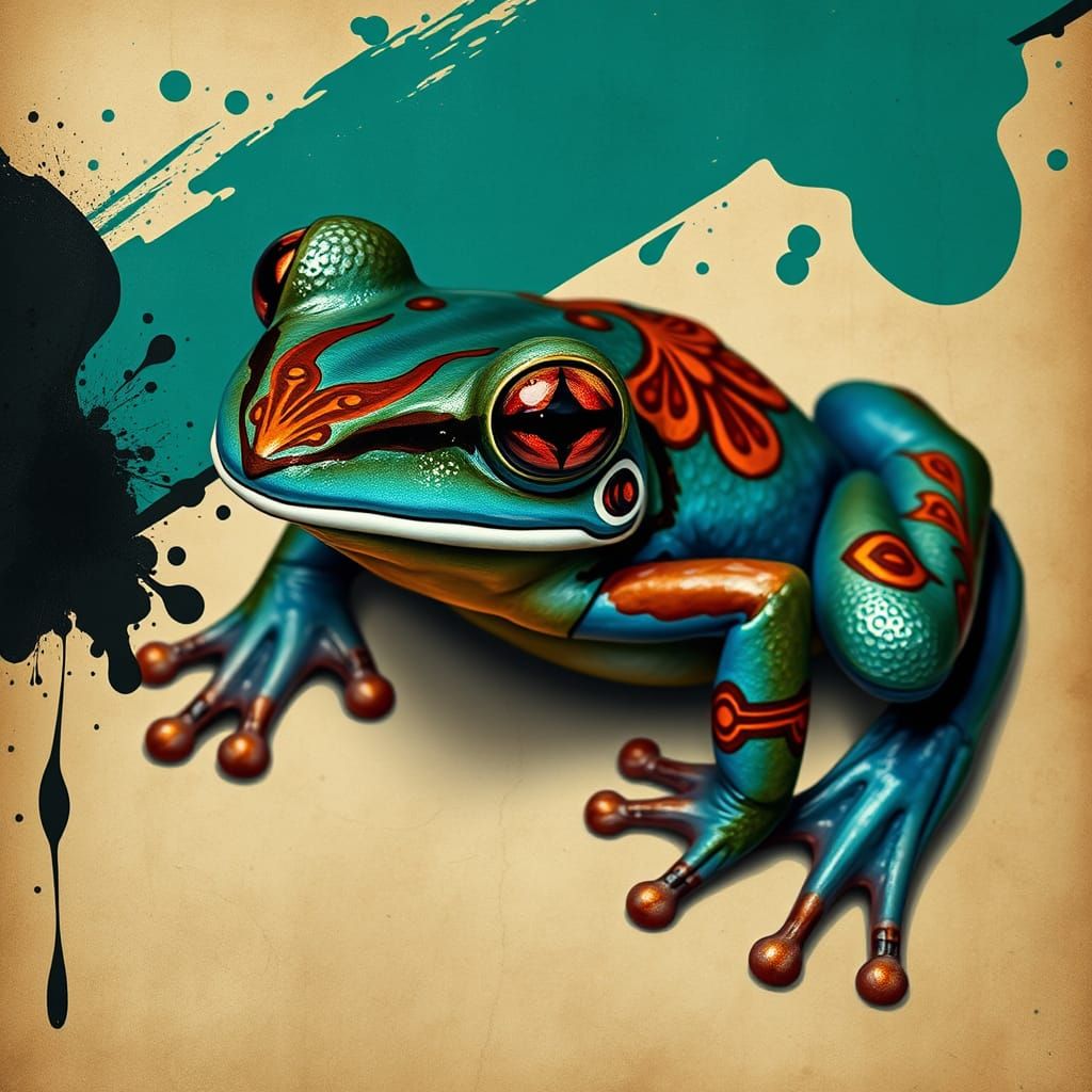 Surreal Poison Dart Frog in Vibrant Tribal Colors
