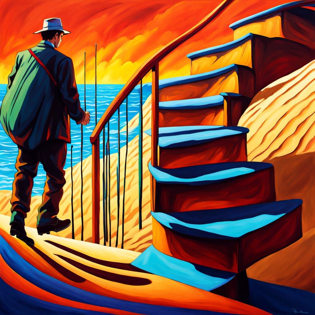 Surreal Desert Staircase with Stilts and Surfboard