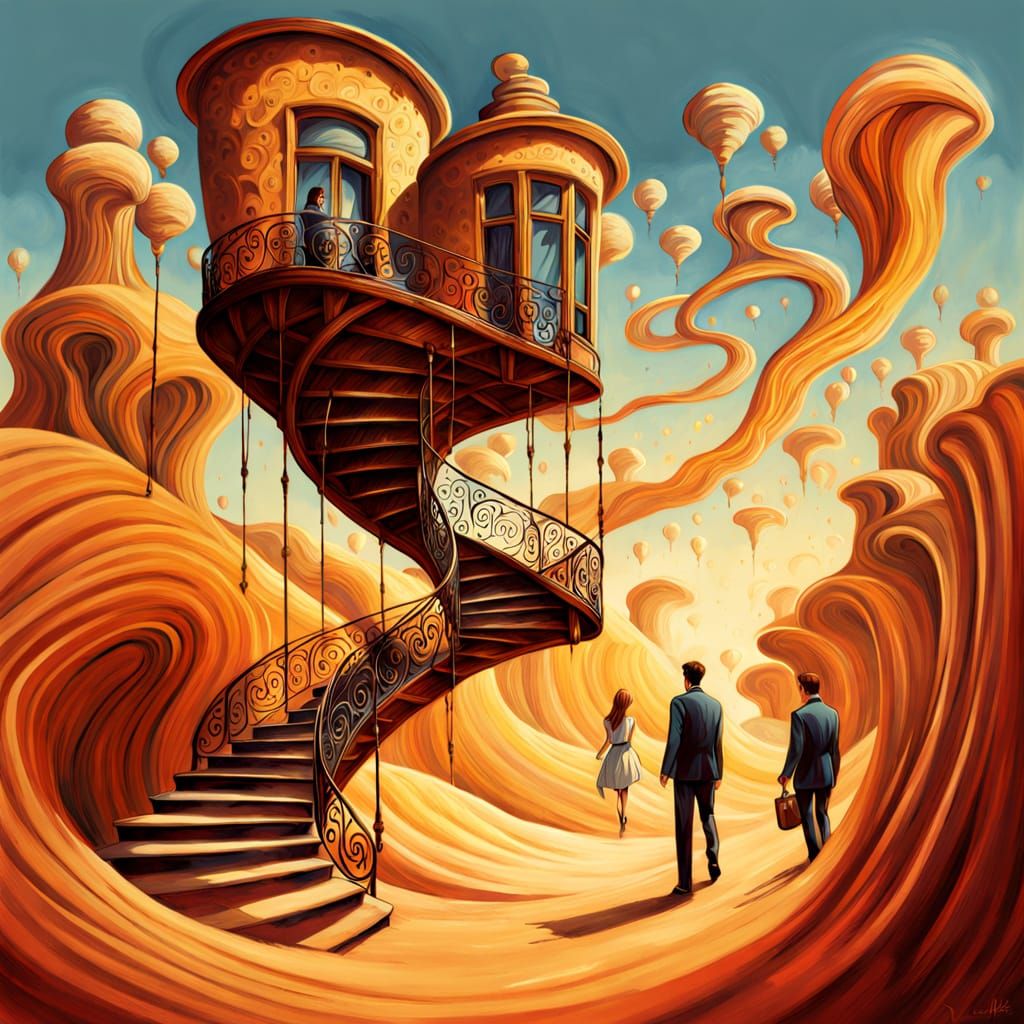 Surreal Desert Staircase with Stilts and Surfboard