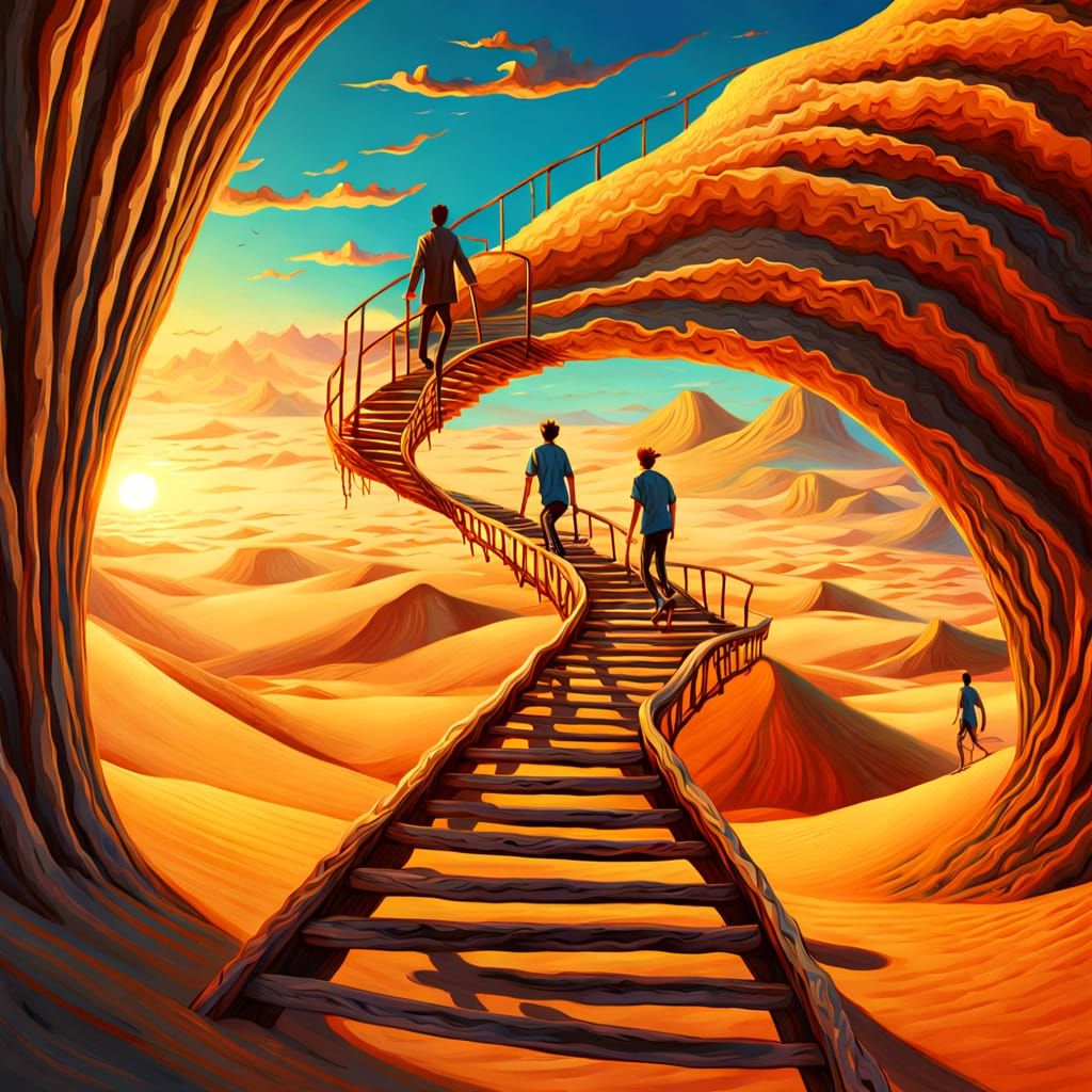 Surreal Desert Staircase: Vibrant Oil Painting