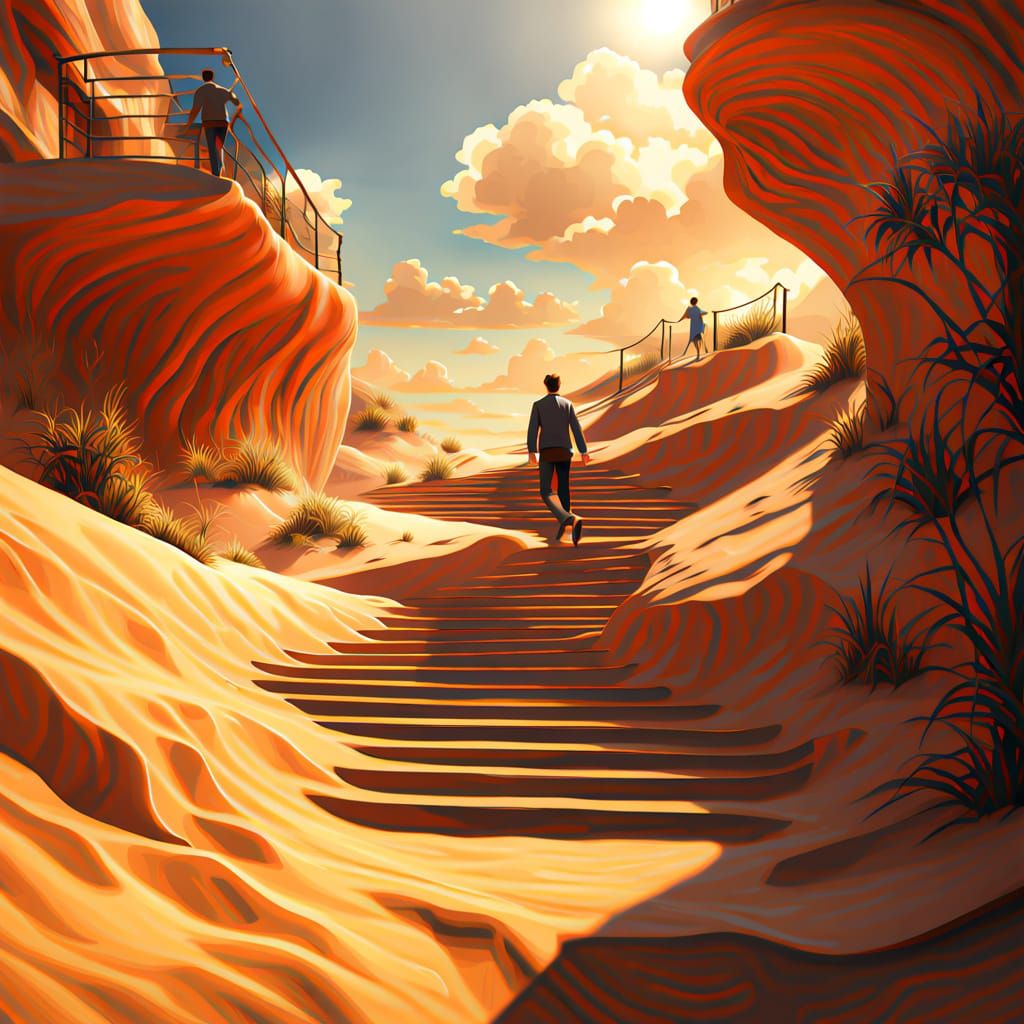 Surreal Desert Staircase: Oil Painting of Stilts Walker