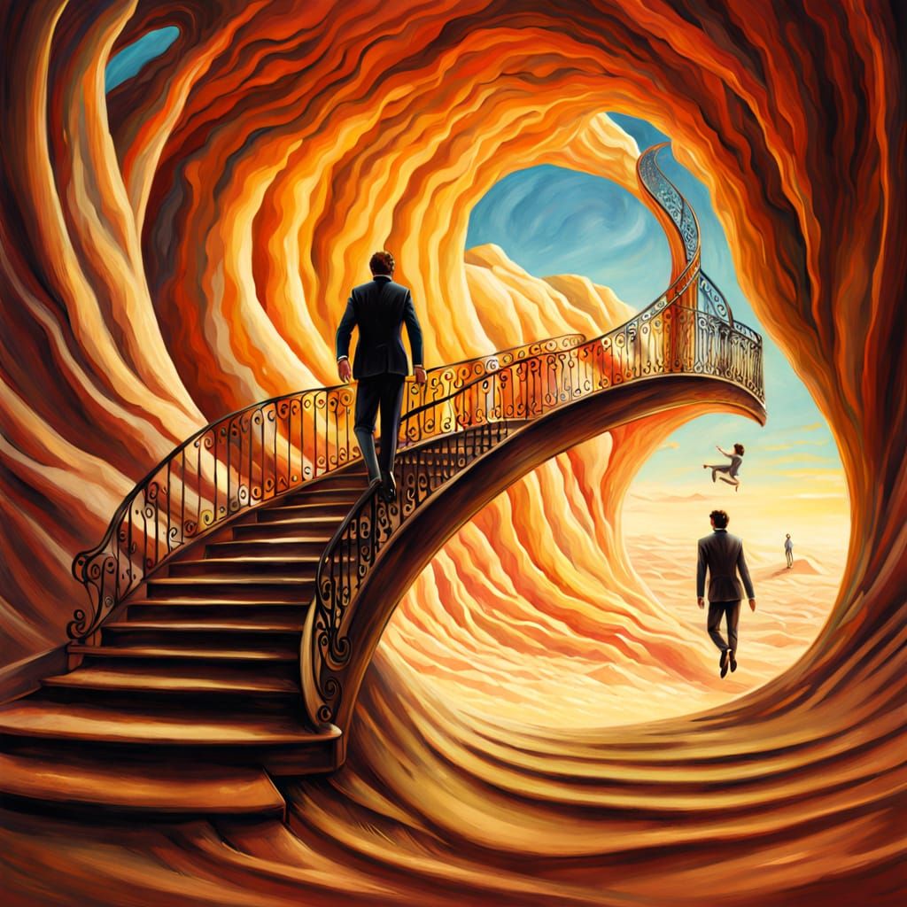 Surreal Desert Staircase: Stilts and Surfboard in Oil