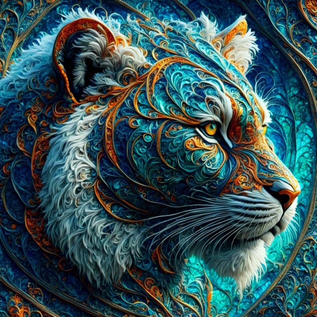 Fierce Snow Tiger in Fractal Stained Glass Style