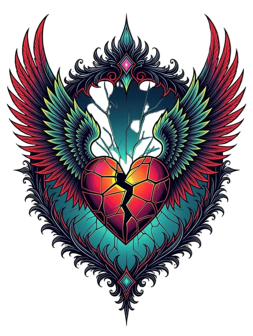 Angel Wings Surround a Broken Heart in Tattoo Art
