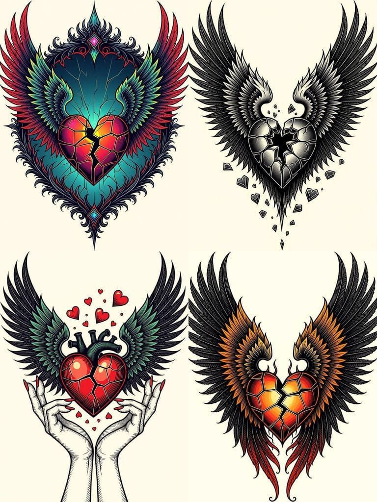 Angel Wings Enfold a Broken Heart in Tattoo Art