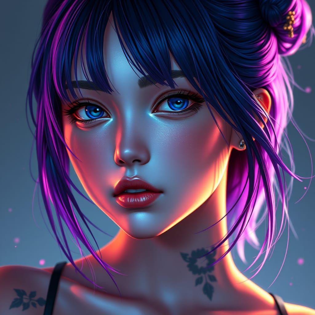 Anime Girl Portrait with Purple and Blue Hair