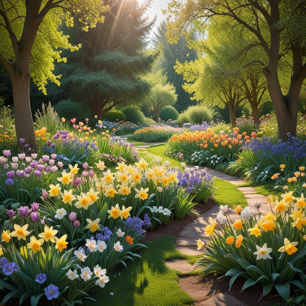 Impressionist Garden Scene with Vibrant Blooms