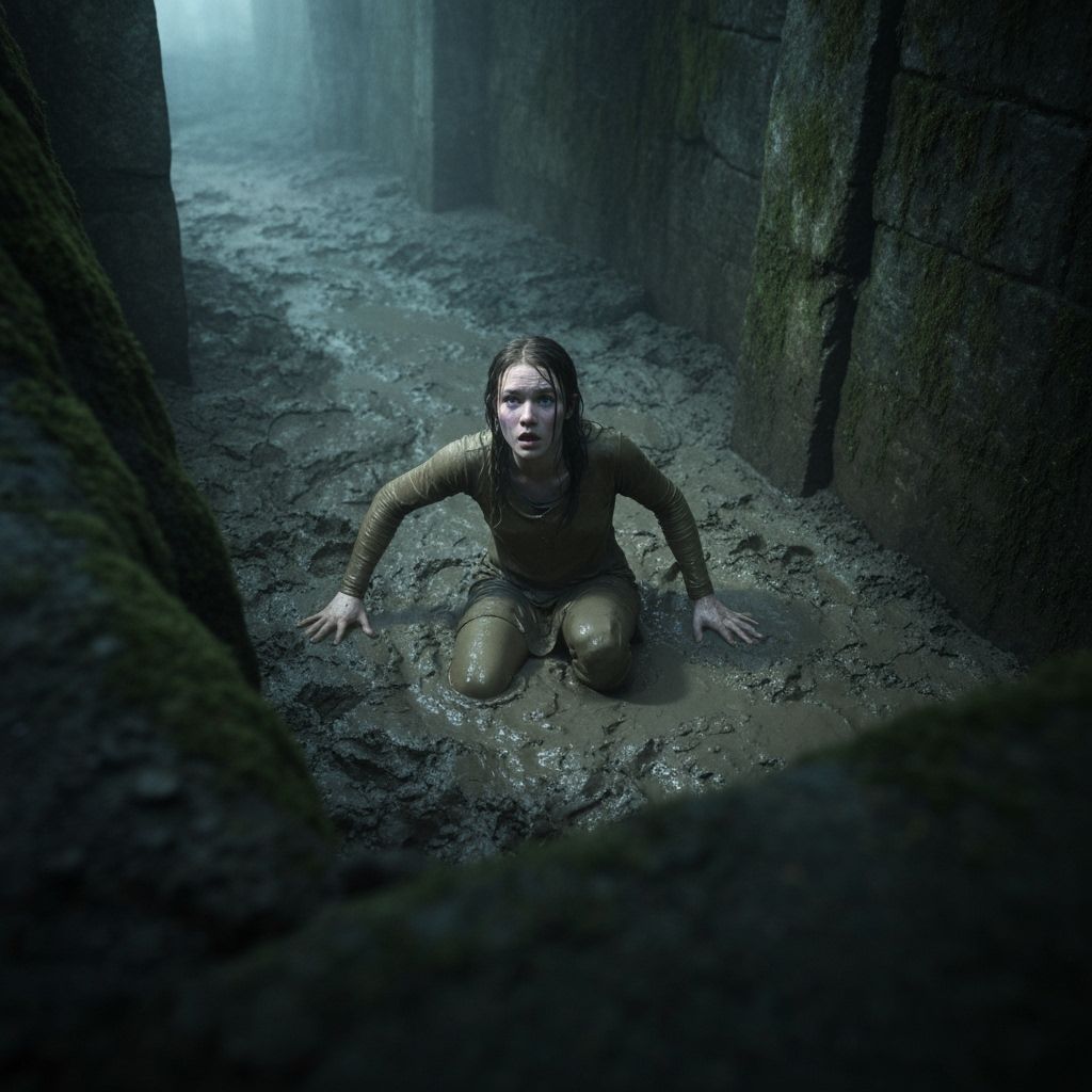 Girl in Murky Pit: Dark Mystical Landscape