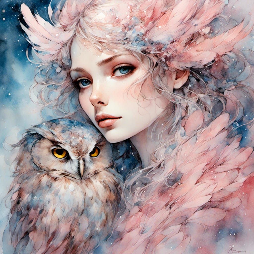 Anime Woman Transforms to Owl in Pastel Pinks