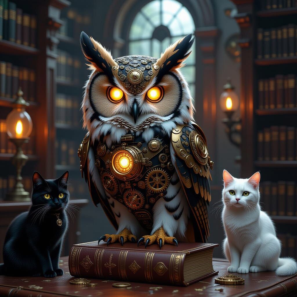Steampunk Owl with Gears and Glowing Eyes on Book