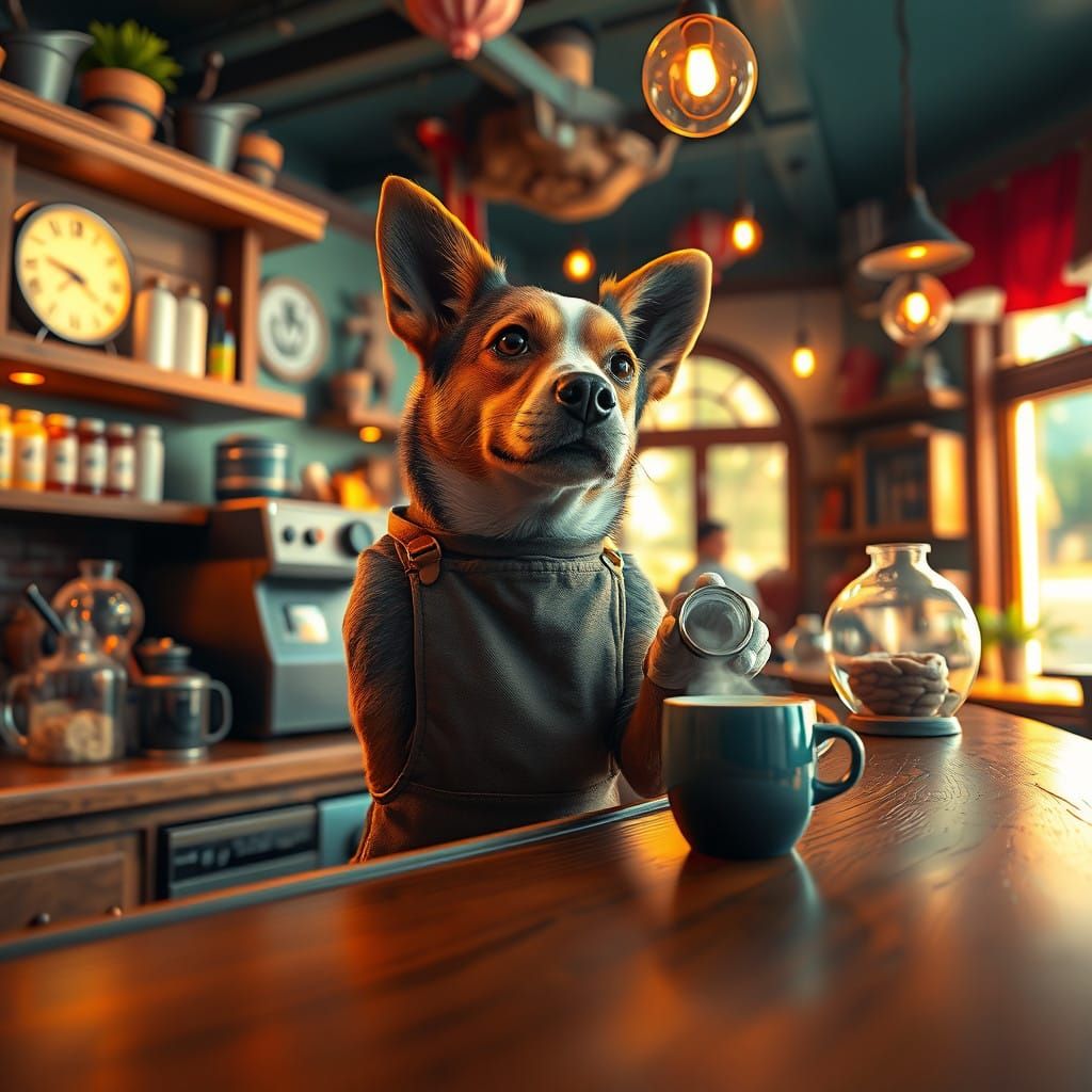 Magical Coffee Barista Dog in a Whimsical Coffee Shop