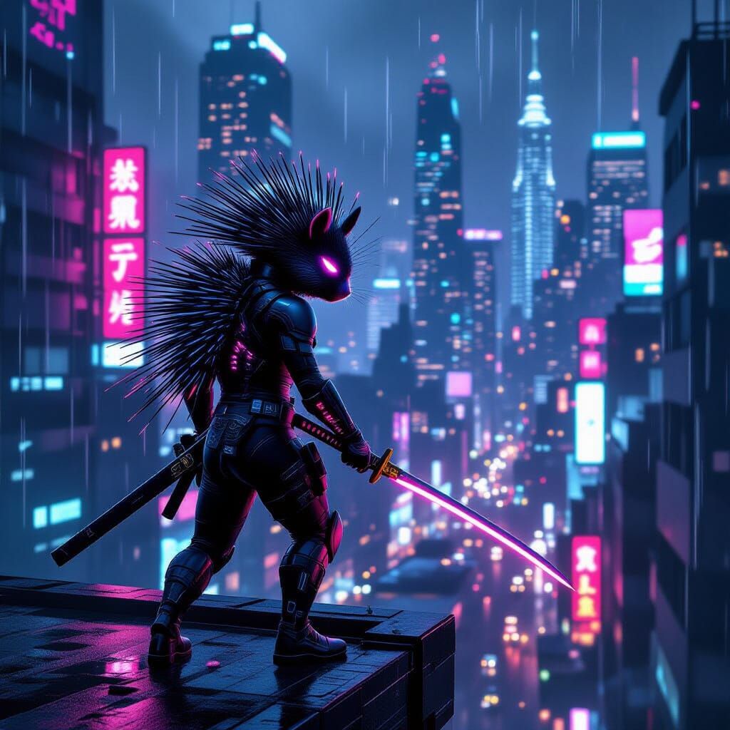 Cyberpunk Ninja Porcupine Ready to Strike