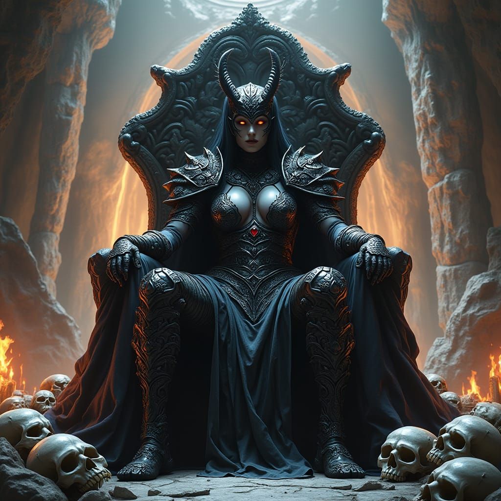 Drow Warrior Queen on Skull Throne in Dark Fantasy Style