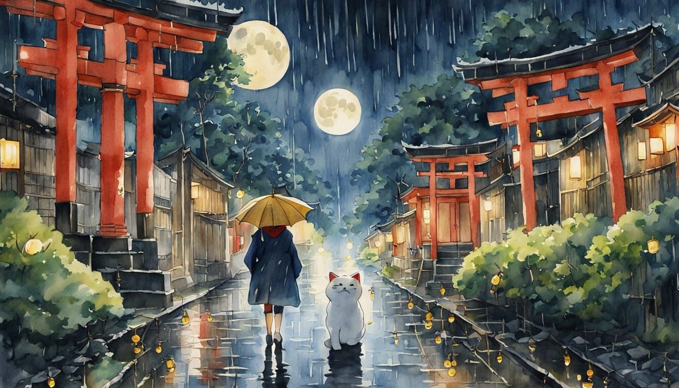 Dreamy Kyoto Night: Anime Girls Under the Full Moon