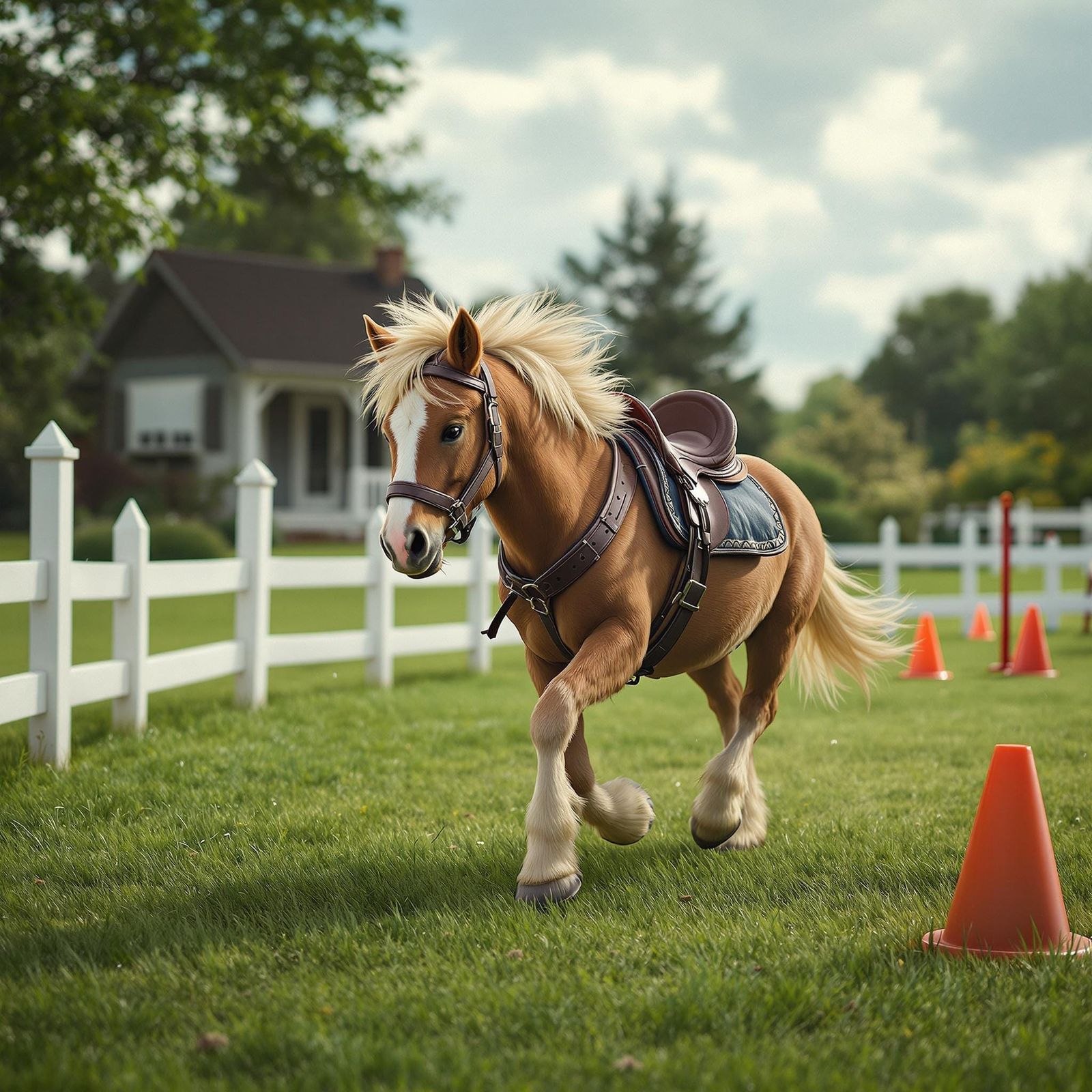 Pony Trotting Through Obstacles in Lush Green Field