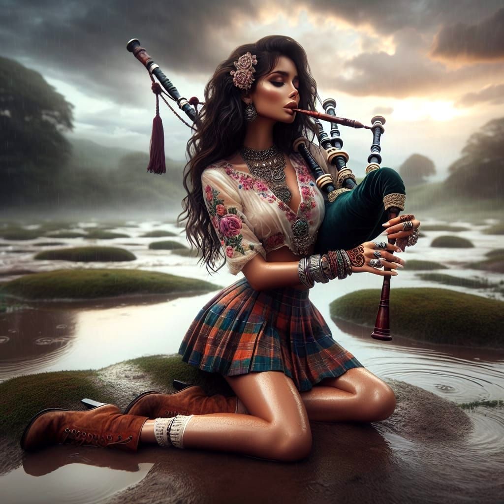 Free-Spirited Indian Woman Plays Bagpipes in Rainy Landscape