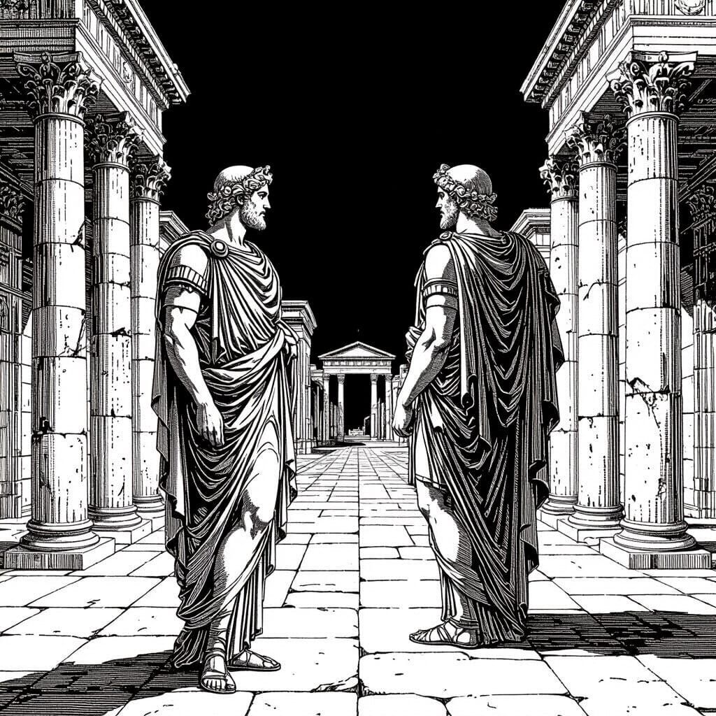 Janus at Crossroads in Pen and Ink Style