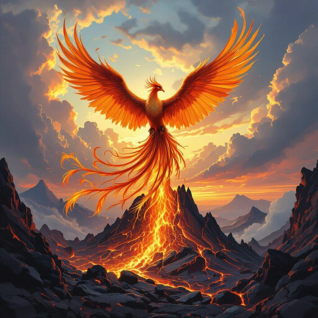 Majestic Phoenix Ascends Fiery Volcano in Epic Fantasy Art