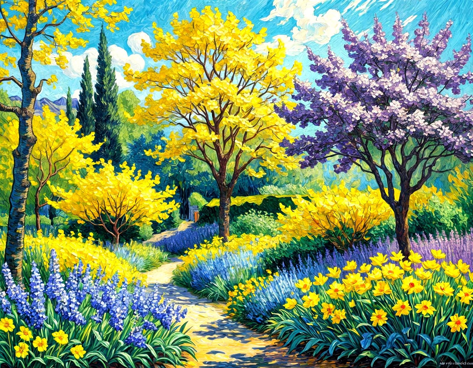 Vivid Garden in Van Gogh Impasto Style