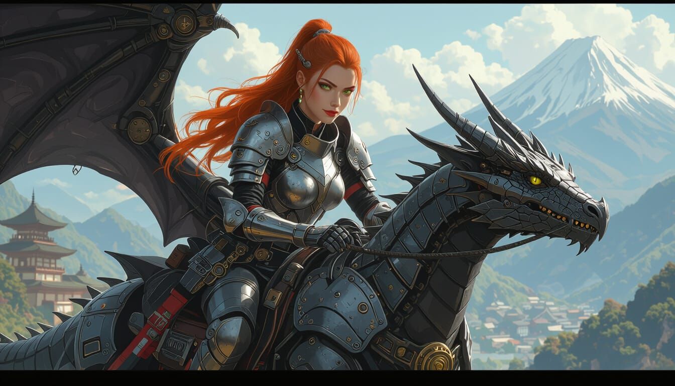 Steampunk Redhead Warrior Soaring on Armored Dragon