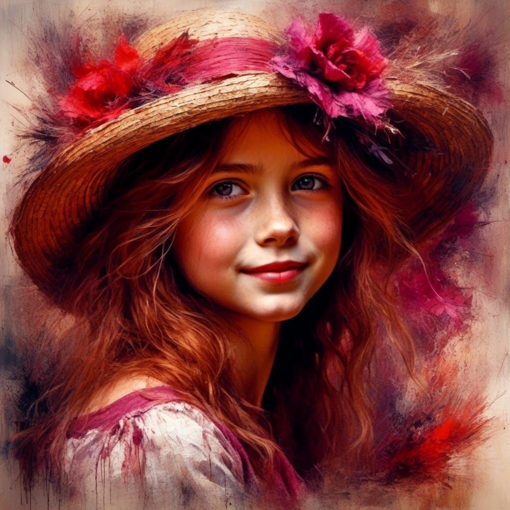 Laughing Girl in Straw Hat: Vintage Fine Art