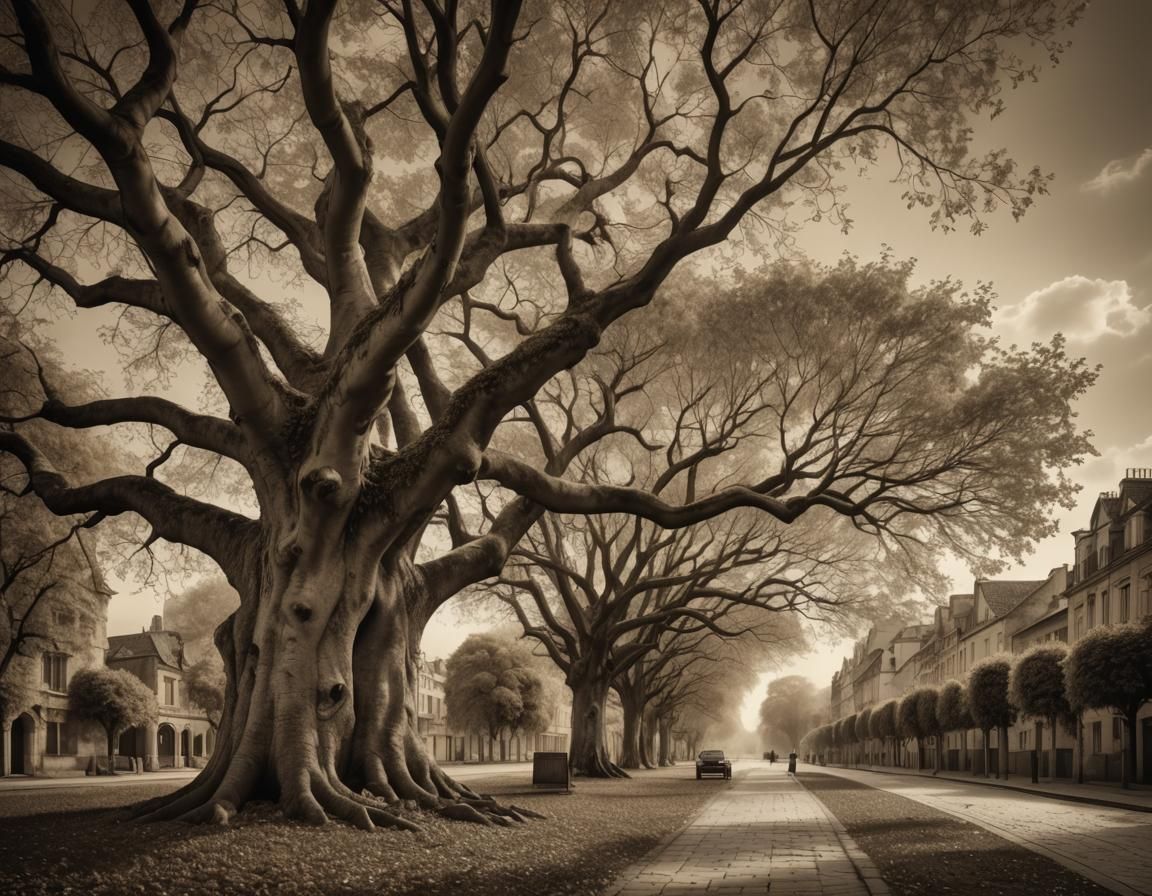 Plane Tree in Sepia Landscape, Dramatic Digital Painting