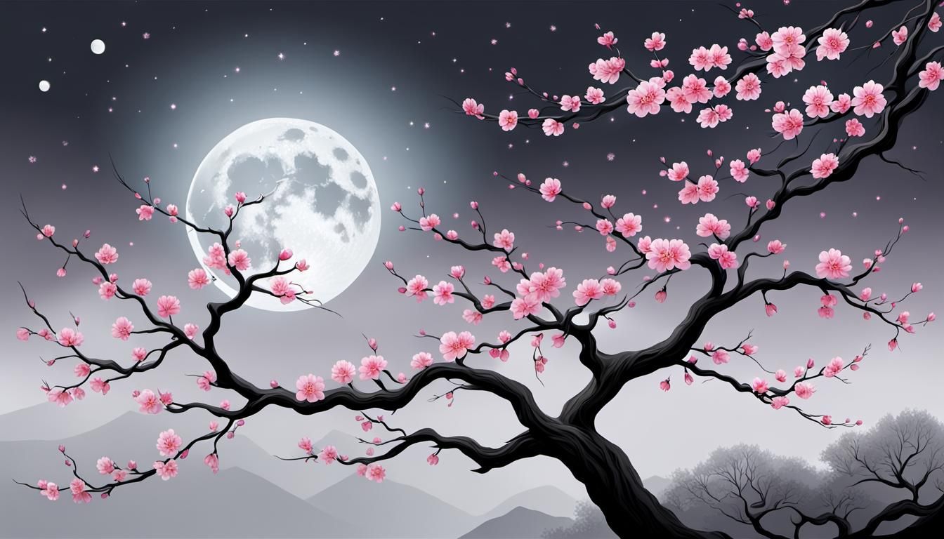 Sakura Blossoms on Twisted Branch Under Moonlight
