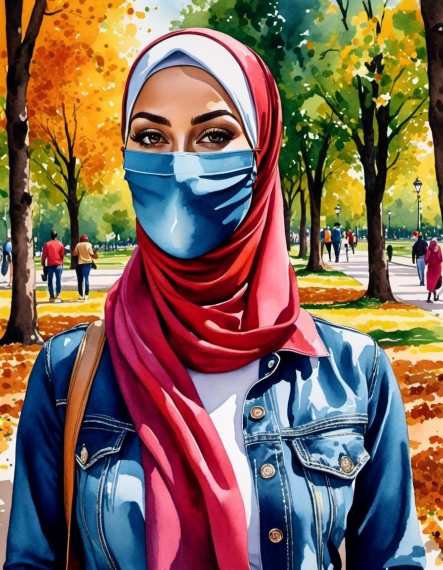 Charming Masked Woman in Park: Pop Art Watercolor