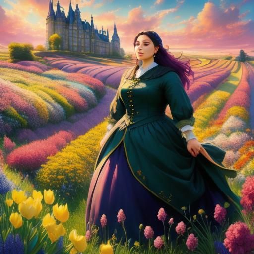 Woman in Flower Field with Castle in Sky