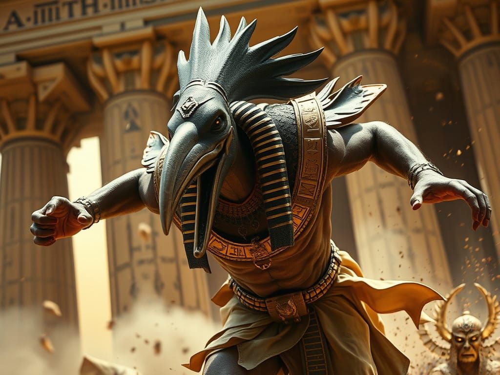 Egyptian God Thoth Charging as Ibis-Headed Deity