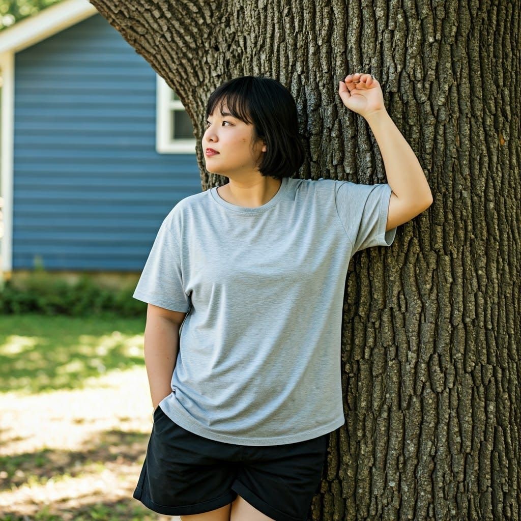 Young Asian Woman Finds Serenity by a Historic Oak
