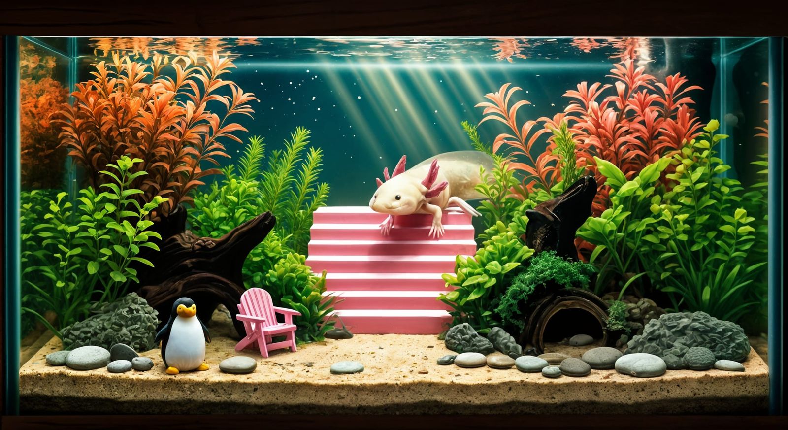Axolotl Serenity on Pink Staircase in Lush Aquarium
