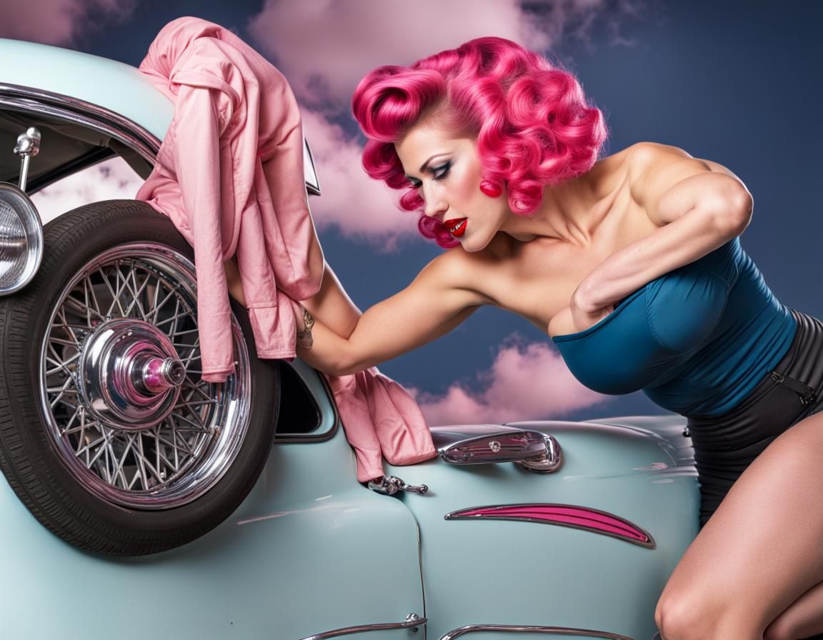Pink-Haired Woman as 1950s Pin-Up Car Mechanic