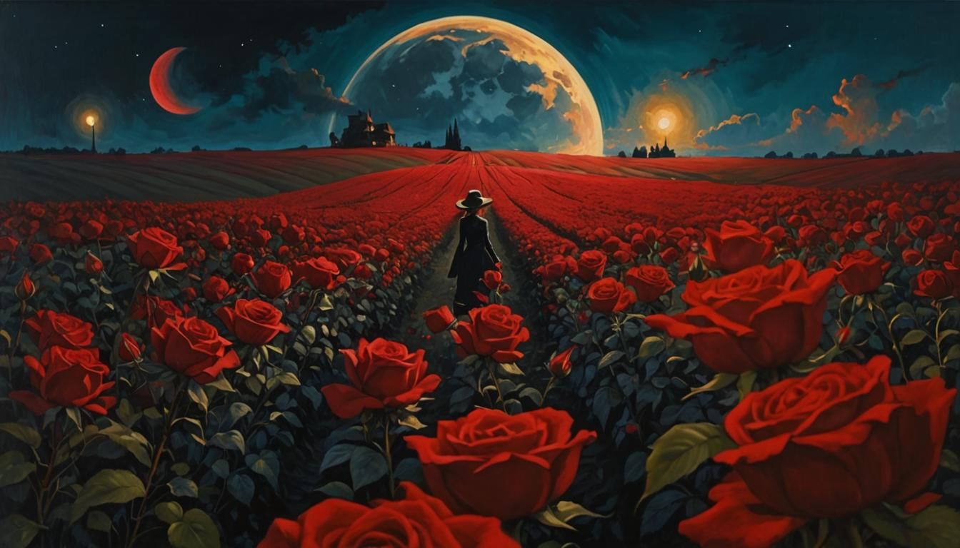 Noir Rose Field Painting: Secrets in the Night