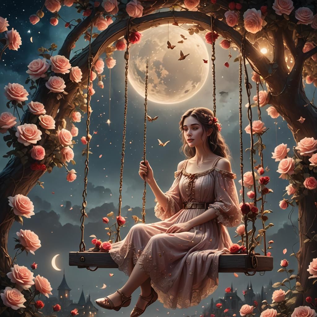 Girl in Rose Swing: Whimsical Fantasy Art