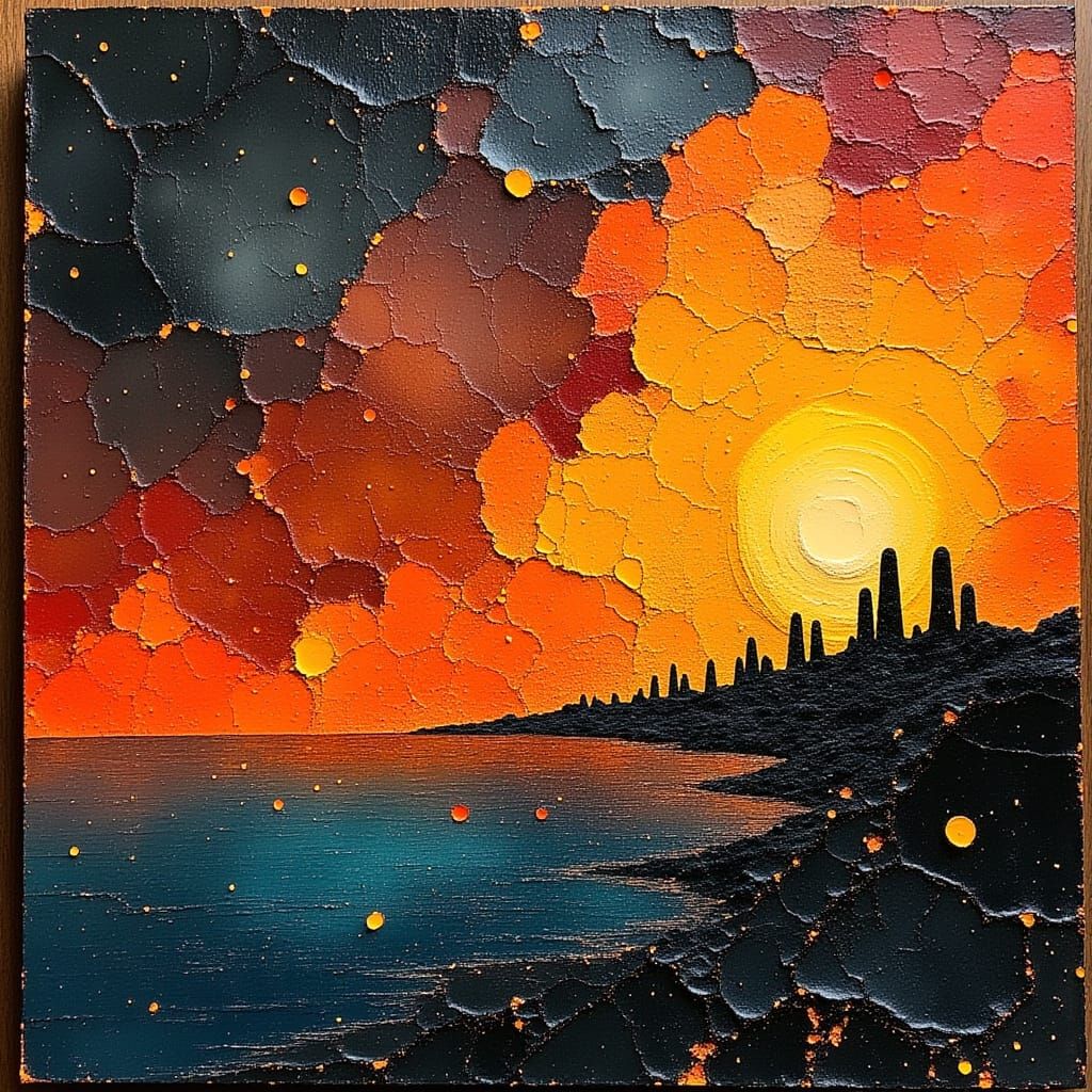 Lemuria Burns in Fiery Cataclysm, Encaustic Impasto Style