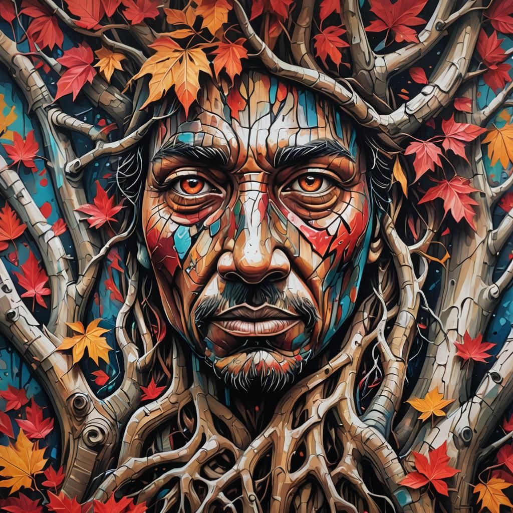 Imposing Tree Graffiti Art in Polychromatic Style