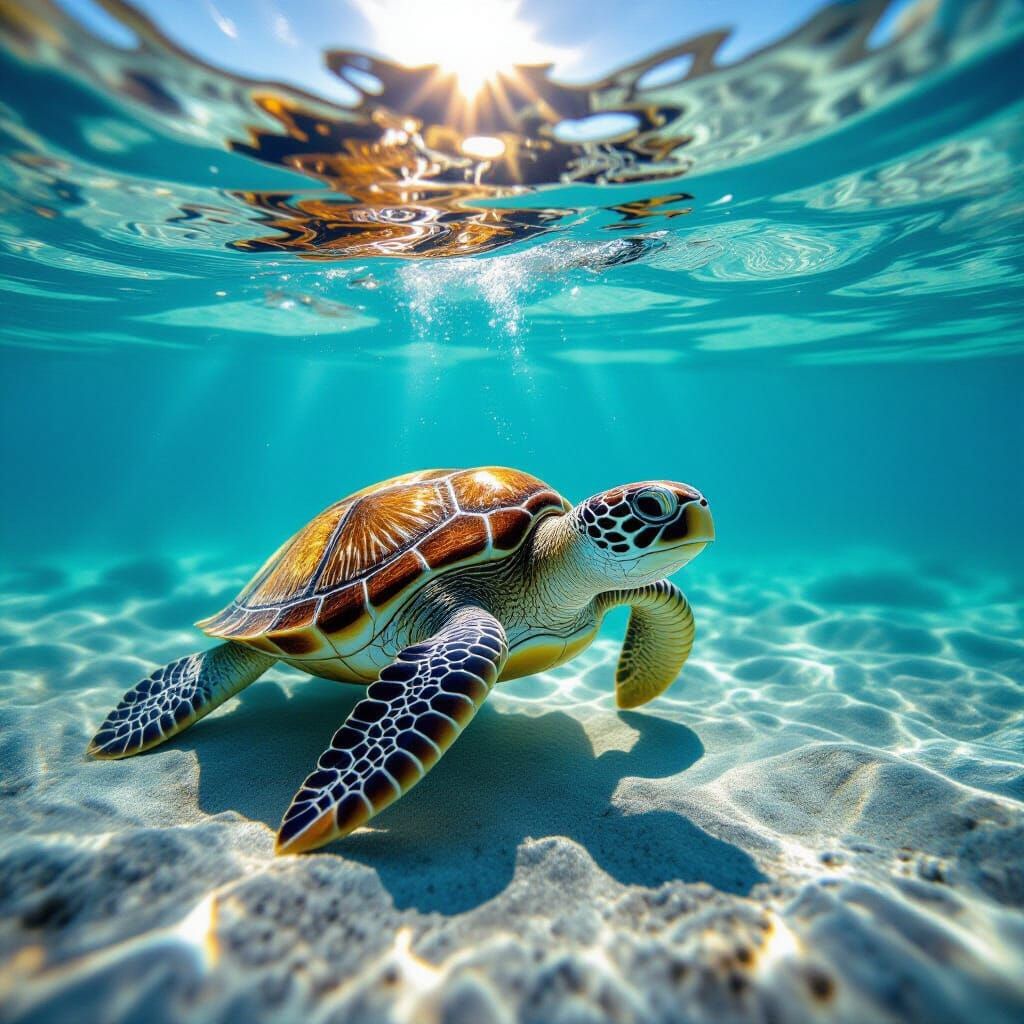 Sea Turtle Swims in Crystal Clear Sunlit Waters