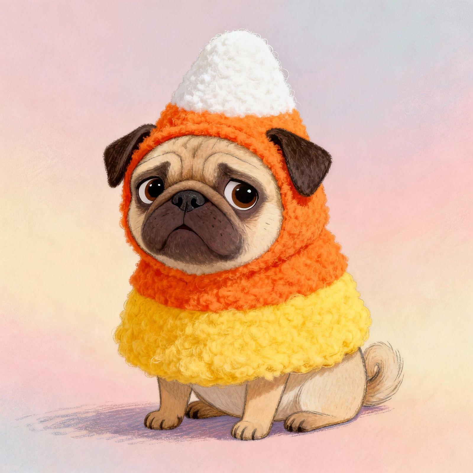 Whimsical Pug Dog in Candy Corn Costume