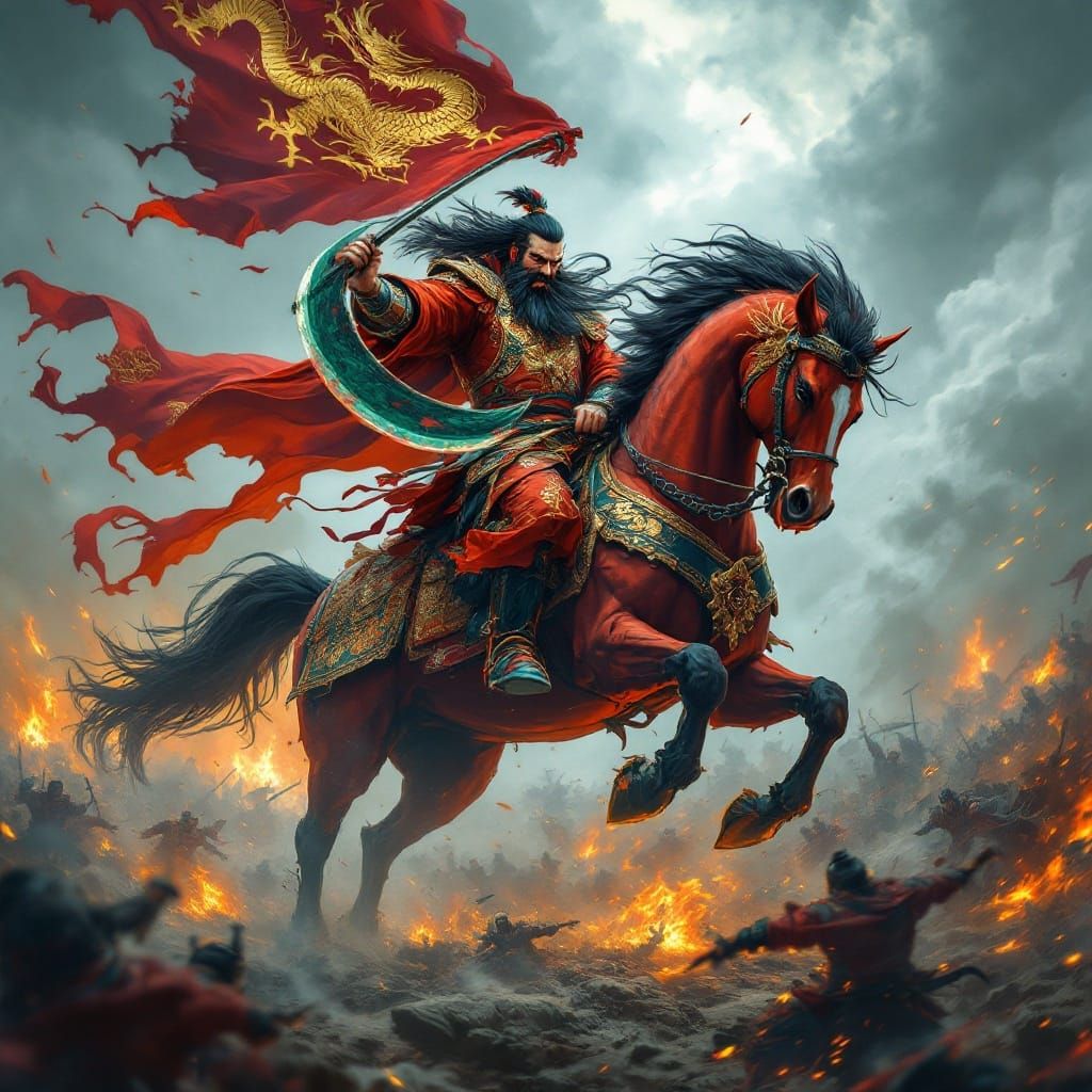 Epic Chinese Warrior Rides Crimson Warhorse into Battle