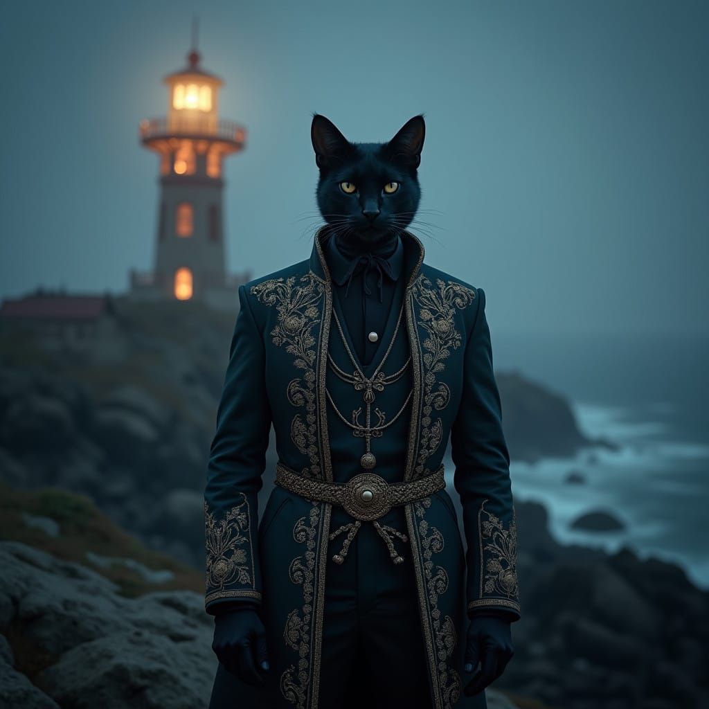 Heroic Figure in Medieval Formal Suit Poses in Front of a Li...