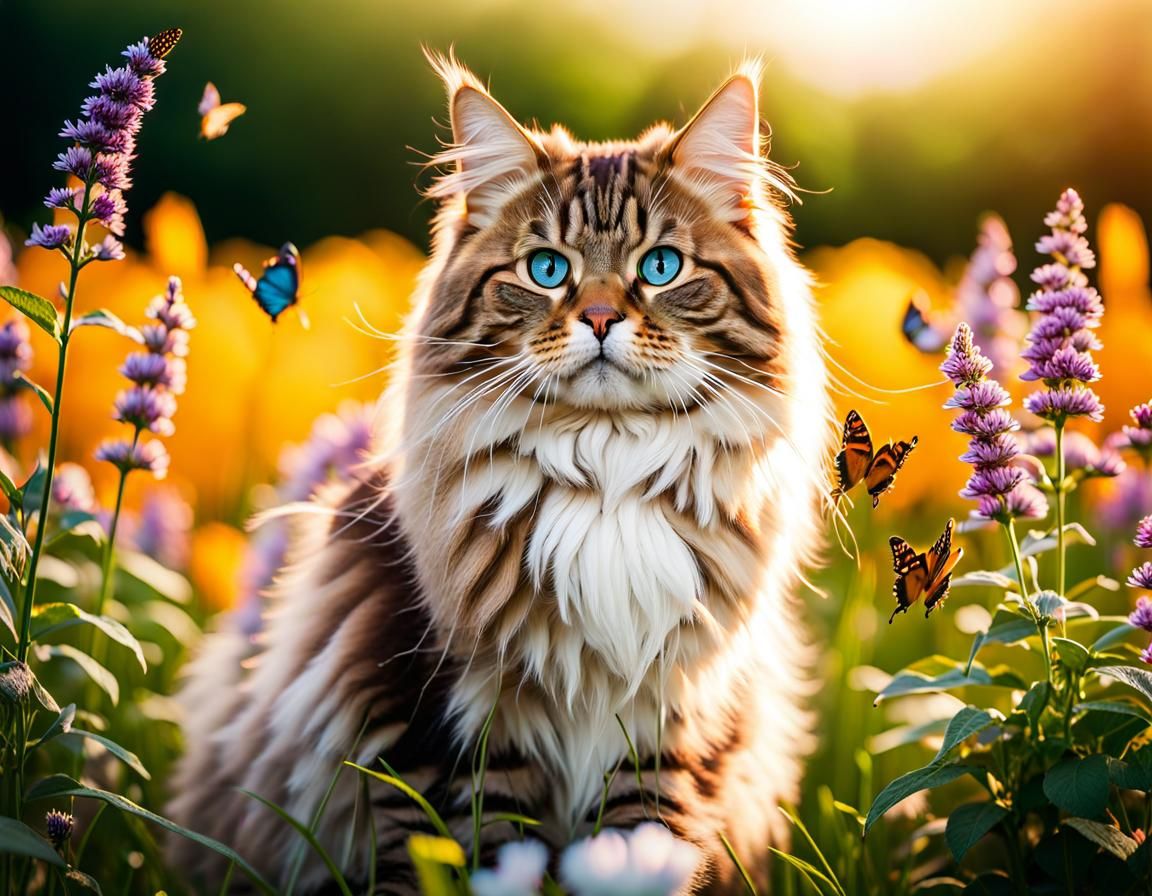 Majestic Siberian Cat in Floral Meadow