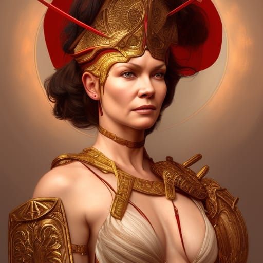 Goddess Athena in Red Armor: Realistic Portrait