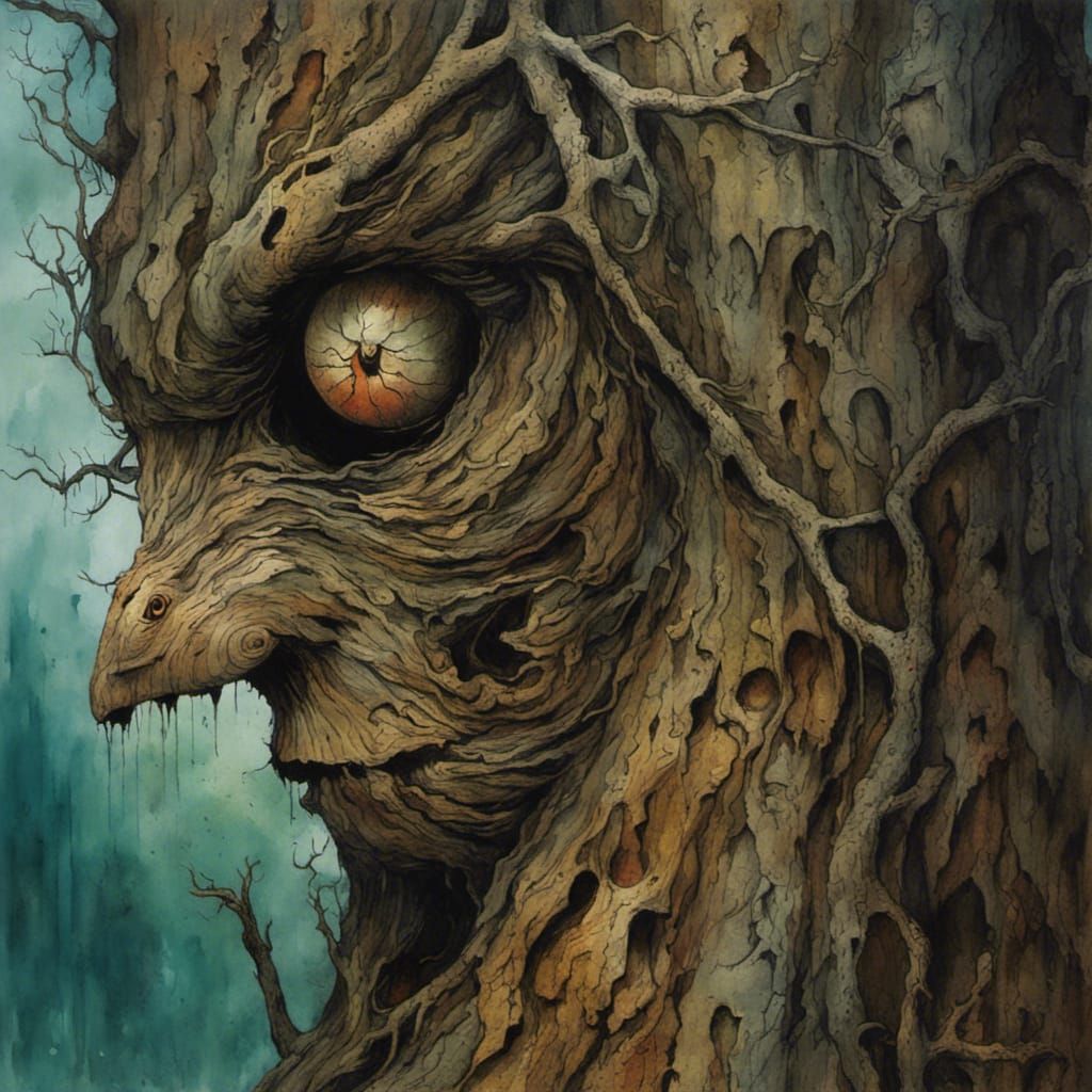 Creepy Tree Face in Bark: Watercolour Painting